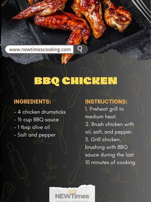 A post by @newtimescooking.com on TikTok caption: BBQ Chicken 🍗 Get that summer flavor with this juicy BBQ Chicken – smoky, saucy, and deliciously grilled! 🔥 #BBQChicken #GrillSeason #FingerLickingGood