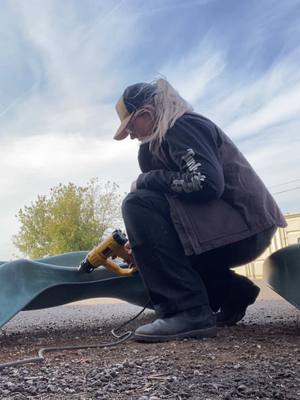 A post by @canadian_welder_girl on TikTok caption: Fixing up a slide for my upcoming build #bluecollarlife #trades #climber #playground #metalwork #Outdoors #DIY @Mark’s 