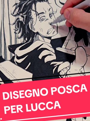 A post by @puckydraws on TikTok caption: Vi faccio vedere come ho inchiostrato, usando le penne Unipin , uno dei due disegni che ho realizzato per lo stand  di Posca al Lucca Comics! Lo stand sarà il PLF 171 Japan Town! #howtodraw #learntodraw #drawing #artist #tutorial #inking #posca #luccacomics 