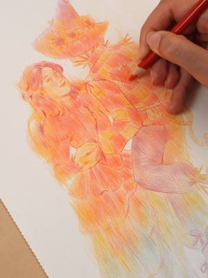 A post by @carolemell0w on TikTok caption: She literally gave him her heart 😭🧡 I loved working on this drawing so much, it almost feels like they're dancing together, floating away in a dream... what do you think? 👉 The entire process video behind this piece (with voiceover) is available now on my Patreon! 🎃 Come hangout! #sketch #drawing #illustration #mood #cozy #spooky #scarecrow #couple #Love 