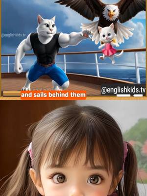 A post by @englishkids.tv on TikTok caption: Story-A Brave Father Cat's Dangerous Adventure to Save His Daughter 🏝️🦅🌊 #cat #kitten #cute #catlover #cutecat