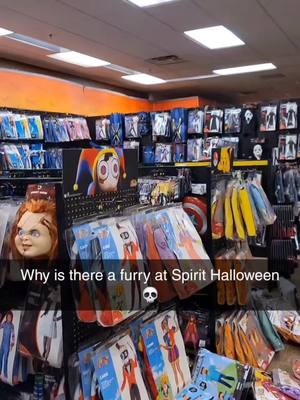 A post by @kingnightzy on TikTok caption: What do I do?! 😧 #furry #fursuit #spirithalloween #furryfandom #fursuiter #halloween 