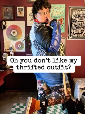 A post by @lettershoppe on TikTok caption: Oh, you don’t like my thrifted outfit?  😏 Well, THANK YOU so much for your opinion! I’ll make sure to never speak to you again.  😘 It’s not my fault you can’t recognize high fashion when it’s thrifted!  Yeah, I know I’m mixing all the patterns and rocking a look straight from 2006 with my shorts over leggings—but guess what? I wear what makes me happy, and that is the only opinion that matters. 💅✨  So why is my outfit any of your business? Spoiler alert: it’s not. 😎  #thrifting #alternativefashion #plussizefashion #thriftfind #ownyourstyle #patternmixing #thriftqueens #highfashion #thriftlife 