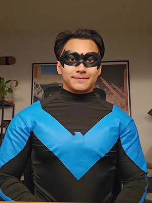 A post by @jacobcestrella on TikTok caption: I like to imagine this is a common problem for the whole bat fam #halloween #nightwing #batman #cosplay 