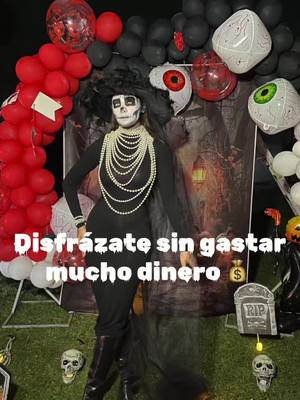 A post by @veronicagamboaa on TikTok caption: Disfrazate sin gastar mucho dinero 💰 #catrina #disfraz #halloweenmakeup 