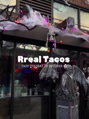 A post by @yemiashianna on TikTok caption: This is the last Tuesday in October, you have to take advantage and visit Rreal Tacos 🌮.  They have a ton of halloween drinks & food items that i didnt try so go see for yourself 👻.   #tacotuesday #rrealtacosatl #placestoeatinatlanta #halloweenactivities #tacotuesdayatl 