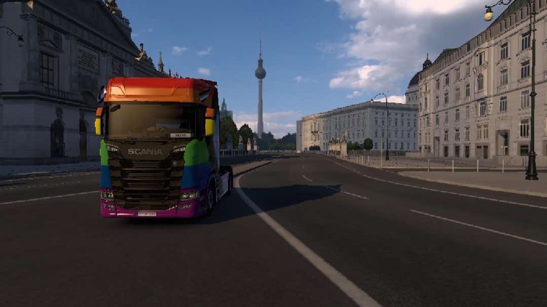 A post by @patsy.the.poodle on TikTok caption: Loving the new euro trucks simulator public beta update #eurotrucksimulator2 #berlin #trucks #lgbtqia 