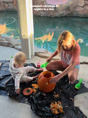 A post by @madisonmayfieldd on TikTok caption: Pumpkin Carvings 3 nights in a row and now its HALLOWEEN 🎃  #pumpkincarving #halloween2024 #MomsofTikTok 