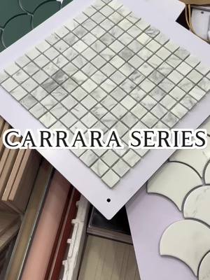 A post by @ on TikTok caption: CARRARA SERIES. We have developed many kinds of shapes on this classical pattern. And our clients want them bad and need the chips immediately! So we have to cut it out.  #tiles #walltiles #design #interiordesign #backsplash 