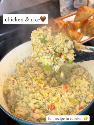 A post by @dineinwithdenise on TikTok caption: Still one of my favorite meals when its cold or rainy outside!! Y’all loved this recipe last time so I figured I would show yall again before it gets cold outside!! 😇😝🤎 Ingredients: -6 boneless chicken thighs -1/2 yellow onion  -1/4 Red Bell Pepper -1/4 Yellow Bell Pepper -1/4 Green Bell Pepper -3 stalks of celery -5 cups chicken broth -1 can cream of chicken  -1 tbs chicken bouillon -rosemary & thyme  -3 cups white rice Directions: 1. Season chicken with pictured seasonings 2. Heat oil in a dutch oven or large pot over medium heat. Once oil is hot add your chicken and cook for 3-4 minutes each side. 3. Add your vegetables and sauté for 4-6 minutes 4. Next, add fresh herbs & 3.5 cups of chicken broth and bring to a boil. Let chicken boil for 15-20 minutes or until fork tender. 5. Remove chicken and shred. Add chicken, cream of chicken, chicken bouillon, and 2 cups of chicken broth back to pot and bring to a boil.  6. Once boiling, add 3 cups of rice and turn your heat to low and cover. Let sit for 20-25minutes. 7. Enjoy!!!  #chickenandrice #onepotmeals #chickenrecipe #Foodie #blackgirltiktok #FoodTok #blackpeoplerecipes #grannysrecipe #comfortfood 