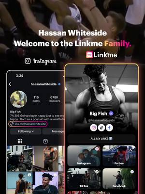 A post by @joinlinkme on TikTok caption: Hassan Whiteside now on Linkme, Download the app or DM @Linkme to get setup today! 🚀 #fyp 