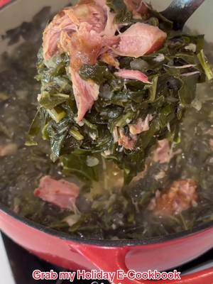 A post by @thesoulcrave on TikTok caption: Are you in charge on the collard greens this year? If so save this recipe 🙌🏽 This recipe alongside 35 other soulful recipes are in my new e-cookbook “Soulful Holiday Eats” ! 📌📌 hit the link in my bio 🔗 to grab your copy!! #SoufulHolidayEats #TheSoulCrave #Foodie #CollardGreens