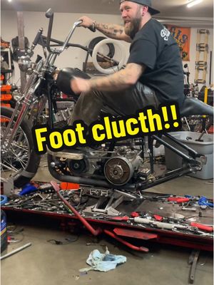 A post by @chopper_josh316 on TikTok caption: Foot clutch jockey shift coming soon! #harley #harleydavidson #custom #chopper #choppers #choppertime #garage #oldschool #motivation #motor #motorcycles #motorcyclesoftiktok #chop #hd #mc #custom #clutch #fab #welder 