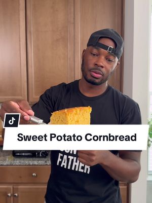 A post by @onestopchop on TikTok caption: Sweet Potato Cornbread>>> If you dip this is some of that green juice OMGGGGG  Ingredients: - 1 cup mashed sweet potatoes (about 2 medium Or 1 large sweet potato) - 1 cup cornmeal - 1 cup all-purpose flour - 1/4 cup granulated sugar - 1 tablespoon baking powder - 1/2 teaspoon baking soda - 1/2 teaspoon salt -2 Tbsp dark brown sugar - 1/2 teaspoon ground cinnamon - 1/4 teaspoon ground nutmeg - 2 large eggs - 1 cup buttermilk or whole milk - 1/4 cup melted butter - 1/4 cup vegetable oil - 1 teaspoon vanilla extract Instructions: 1. Preheat Oven: Preheat your oven to 375°F (190°C). Grease a 9-inch square baking pan or a cast-iron skillet. 2. Prepare Sweet Potatoes: Peel and cube the sweet potatoes. Bake/Roast them in oven at 400 degrees F until tender, then mash/ mix until smooth. Measure out 1 cup of mashed sweet potatoes. 3. Mix Dry Ingredients: In a large bowl, whisk together the cornmeal, flour, sugar, baking powder, baking soda, salt, cinnamon, and nutmeg. 4. Mix Wet Ingredients: In another bowl, whisk together the eggs, buttermilk, melted butter, vegetable oil, vanilla extract, and the mashed sweet potatoes until well combined. 5. Combine Ingredients: Pour the wet ingredients into the dry ingredients and stir until just combined. Be careful not to overmix. 6. Pour the batter into the prepared baking pan or skillet. Smooth the top with a spatula. Bake for 25-30 minutes, or until a toothpick inserted into the center comes out clean. 7. Let the cornbread cool in the pan for about 5-10 minutes before slicing and serving. SERVE AND ENJOY! #sweetpotato #cornbread #holidayrecipes #onestopchop 