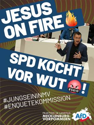 A post by @afd.fraktion.mv on TikTok caption: Jesus on fire - SPD kocht vor Wut!  Die gestrige Debatte zur Einbringung des ersten Zwischenberichts der Enquete-Kommission „Jung sein in Mecklenburg-Vorpommern“ hat das wahre Gesicht der selbsternannten „Vorzeigedemokraten“ in Landesregierung und Parlament entlarvt. Die Grünen und ihre Verbündeten predigen zwar Partizipation und Demokratie – doch die Wirklichkeit zeigt: Sie ignorieren systematisch den Willen der Bürger und der Jugend, um ihre eigene Ideologie durchzusetzen. Sozialministerin Stefanie Drese (SPD) nutzte die Bühne, um das Kinder- und Jugendbeteiligungsgesetz in höchsten Tönen zu loben – ein Gesetz, das nachweislich ohne ernsthafte Beteiligung der Jugendlichen und ohne Berücksichtigung der Empfehlungen der Enquete-Kommission entstanden ist. Ein Paradebeispiel dafür, wie die Regierung Wasser predigt und dabei selbst genüsslich Wein trinkt.  Die gestrige Debatte zeigt in voller Deutlichkeit, wie weit die Arroganz der Regierung und der Grünen gegenüber den Bürgern wirklich geht. Die Ministerin stellt sich vor das Plenum und verkauft ein Gesetz, das die Jugend ignoriert und entmündigt, als angeblichen Meilenstein der Partizipation. Das ist nicht nur Augenwischerei, sondern schlichtweg eine Täuschung der Öffentlichkeit. Die Bürger Mecklenburg-Vorpommerns haben das Recht zu erfahren, dass all diese angeblichen Beteiligungsprozesse nichts als Fassade sind. Schon 2022 hatte die Ministerin versprochen, die Ergebnisse der Enquete-Kommission und die Stimmen der Jugend in den Gesetzgebungsprozess einzubinden. Doch all diese Zusagen blieben leere Phrasen. Der „Nordkurier“ berichtete völlig zu Recht darüber, wie Entscheidungen „über die Köpfe junger Leute hinweg“ getroffen wurden. Doch Ministerin Drese und die Grünen ignorieren diese Fakten und blenden die Realität aus, um ihre eigene Darstellung zu retten. Und nicht nur die Grünen, sondern auch ihre Verbündeten im Parlament scheuen sich nicht, die Debatte für ihre politischen Manöver zu missbrauchen. Statt sich den dringend notwendigen Themen der Jugendpolitik zu widmen, nutzten die Grünen die Gelegenheit, um ihre Rhetorik gegen die AfD zu richten – ein Paradebeispiel für ihre Doppelmoral. Die Grünen werfen der AfD Indoktrination und Isolation der jungen Generation vor und fordern im gleichen Atemzug ein Wahlalter ab 14 Jahren. Dies ist nichts anderes als ein Versuch, junge Menschen frühzeitig an ihre eigene Ideologie zu binden. Dabei wird der Begriff ‚Demokratie‘ als politisches Werkzeug missbraucht. Sie sprechen von ‚demokratischen Parteien‘ und schließen bewusst die AfD aus – die vom Volk demokratisch legitimierte Opposition. Es ist ein durchschaubares Spiel, das nicht nur die AfD treffen soll, sondern auch die Bürger, die mit ihrer Wahl eine klare Entscheidung für unsere Partei getroffen haben. Hier wird den Wählern gezeigt, wie wenig die Grünen und ihre Verbündeten von ihrem Willen und ihrer Meinung halten. Die Realität dieser angeblichen Vorzeigedemokraten: Sie stellen ihre eigene Ideologie über die Bürger, über die Jugend und über den demokratischen Diskurs. Für die AfD ist klar: Diese entlarvende Debatte zeigt einmal mehr die Missachtung, die die Regierungsfraktionen und das Ministerium den Bürgern und der Jugend entgegenbringen. Die Bürger – auch die Jugendlichen – sind mündig genug, selbst zu entscheiden, welche Partei ihre Interessen wirklich vertritt und vertreten soll. Die AfD steht für eine ehrliche und transparente Jugendpolitik, die den Willen der Bürger respektiert und jungen Menschen eine echte Stimme gibt – abseits der machtpolitischen Manipulation, die die Regierung und ihre Verbündeten hier an den Tag legen. Dazu sprach der AfD-Obmann der Enquete-Kommission, Thomas de Jesus Fernandes. #AfD #ltmv #enquetekommission #jungseininmv #spd #afd #seischlauwählblau