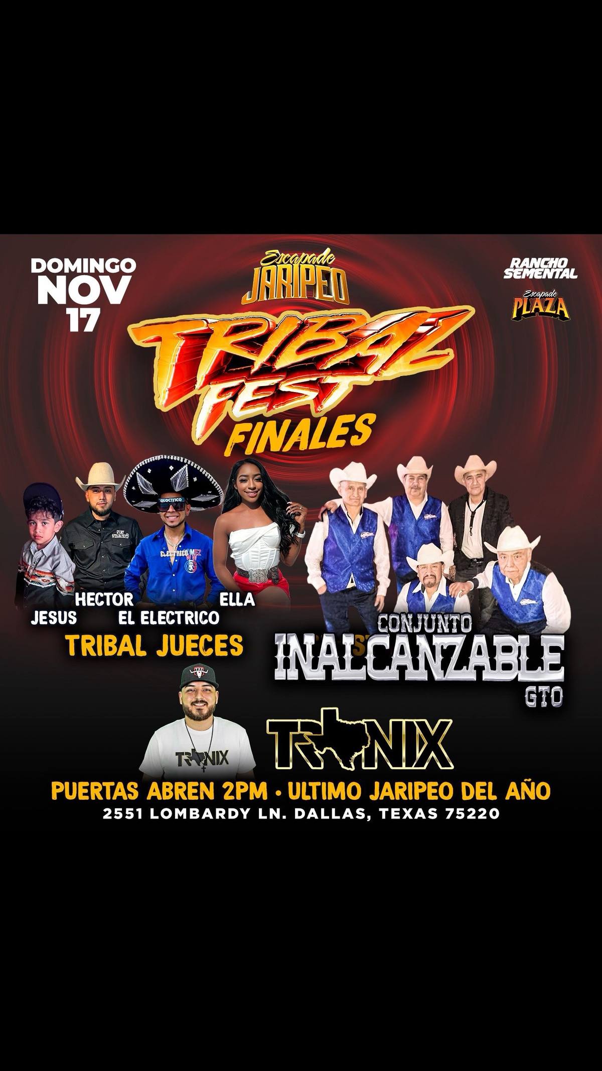 A post by @escapadeplazatx on TikTok caption: No Te Pierdas El Ultimo Jaripeo Del Año 2024 - NOV 17 - Puertas Abren A Las 2PM - Musica En Vivo  - Conjunto Inalcanzable GTO Buffet #GRATIS De 2-4PM - Ademas Dj Invitado #DJTRONIX Mas Informes 214.902.6400 Escapadeclub.com