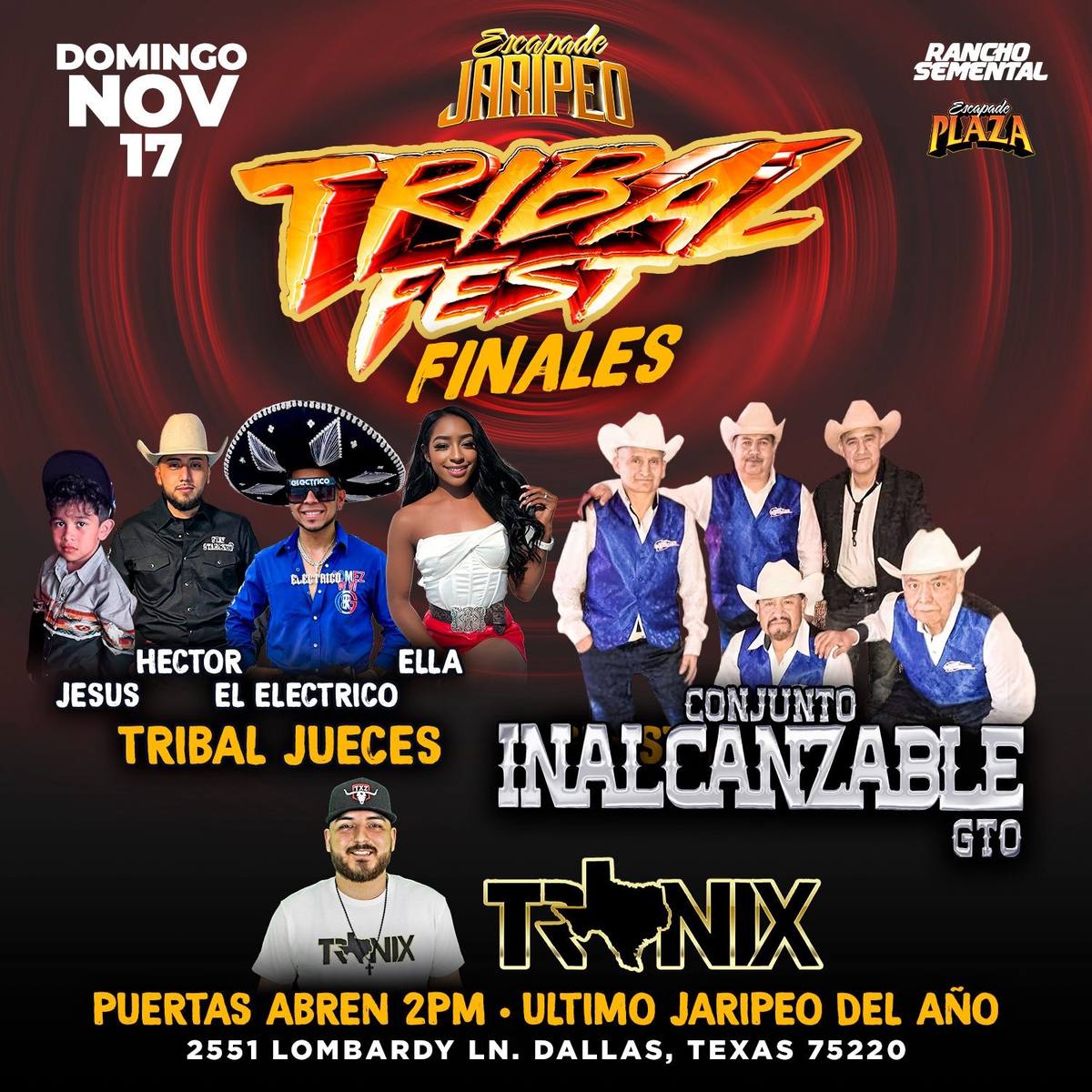 A post by @escapadeplazatx on TikTok caption: No Te Perdas El Ultimo Jaripeo Dek Ano 2024 - Nov 17 - Puertas Abren A Las 2PM -musica En Vivo Conjunto inalcanzable GTO  Buffet #GRATIS DE 2-4pm adenas Dj Inventado #DJTRONIX  MAS INFO 214.902.6400  escapadeclub.com
