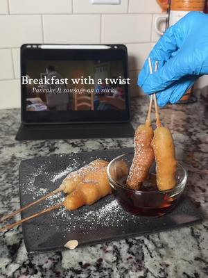 A post by @culinarychemistry on TikTok caption: Switch up your breakfast/brunch & try this Pancake & sausage on a stick recipe 🥞 double dip for extra thickness & single dip if you don’t wanna go to sleep right after!  #breakfastideas #brunchideas #brunchtok #breakfastrecipes #sausageonastick #pancakerecipe #homemadepancakes 