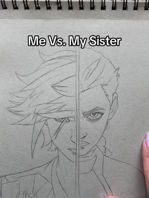 A post by @nekokaren on TikTok caption: Me Vs. My Sister! Which side do you like? Both maybe? #arcane #jinx #vi #artchallenge 