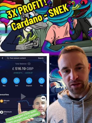 A post by @cryptonftfactory on TikTok caption: My Cardano / SNEK 🐍 investment 6-7 weeks on. I am in healthy profit! ✅ Started with £500 = 1650 ADA  Now up 3x What are your price predictions for $ADA this Alt season?  . . #Bitcoin #Ethereum #Cardano #Solana #Dogecoin #ShibaInu #Polkadot #Chainlink #Avalanche #BNB #XRP #Polygon #Pepe #Floki #SafeMoon #BabyDoge #DogelonMars #KishuInu #Bonk #FLOKI #AkitaInu #HogeFinance #Pitbull #ShibaFloki #Husky #VoltInu #Saitama #Ryoshi #MonaCoin #SNEK #NPCS #DUBCAT #PNUT 