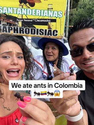 A post by @flywithhaifa on TikTok caption: Omg I can’t believe we did it! 🐜🐜🐜 apparently this is the natural Colombian Botox 😂😂😂 🍑  🐜 seem to be a common food or snack in #Colombia… so we gave it a try. 😉 @travelforpun  I’m sorry mama 🙈🙈🙈😛 Would you do it?  #travel #newexperiences #food #streetfood #natural #botox #ants @Duncan 