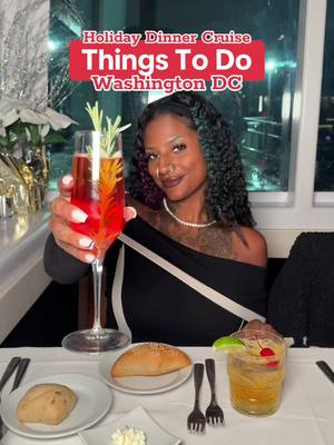 A post by @morgsvstheworld on TikTok caption: 🍽️ Things To Do: Washington DC | Dinner Cruise w/ @City Cruises 🍽️ 📍The Wharf, DC 💰$109pp+ (prices vary based on date) ⏰7pm-10pm This weekend I was able to enjoy one of City Cruise’s Premier Dinner Cruise! We sailed on the water for a few hours - taking in the views of the monuments & the river✨ I was a little hesitant of the food because I’ve done a similar cruise in another location before, but the steak I had was BOMB! The drinks were okay, not the best in my opinion. But the ambiance and DJ made up for it because he still brought the vibes! 👗: @JLUXLABEL  👢: @Dolls Kill  #thingstododc #thingstododmv #dcdateideas #dmvdateideas #washingtondc #citycruises #dinnercruise #holidayvibes #holiday #holidaydatenight