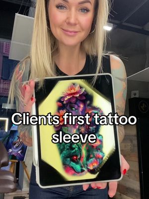 A post by @katlin_malm_tattoo on TikTok caption: Clients first tattoo sleeve🥰💗 #tattoo #tattooartist #estonia #tallinn #tatska #art #tattooart #tatuointi #tatoveering #tatoveeringud #fantasytattoo #artist #tattoosleeve #colortattoo  Done with @Kajastemachines @intenzetattooink @kwadron @TattooArmour 