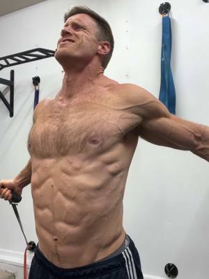 A post by @sarantosfitness on TikTok caption: Bands helped build my upper body more than weights alone could have.  Weights did plenty, of course.  They got me big, strong, explosive, athletic.  But my physique & mobility from weights alone… meh.  Incorporating bands changed that.  They made my muscles POP in a way that weights alone couldn’t.  Pecs, abs, lats, shoulders, traps, biceps, triceps.  All have better size, shape, and definition thanks to short workouts with bands.  I still go to the gym. I still train with barbells, dumbbells, cables, and machines.  And in between workouts I get pumps with bands.  GAME CHANGING You can anchor them to poles, trees, door frames, etc.  I’ve opted to bolt anchors to the studs in my garage.  It’s way better than using a door frame.  And by setting some anchors wide apart I can better train pecs as shown.  Link in bio to join my free community and access my bands program.  It works as a stand alone training plan for beginners or as an accessory to a fully gym program.  #garagegym #garageworkout #sarantosfitness #fitandhealthy #fitandprime #pecs #pecsworkout #resistancebands #coreworkout #bodybuilding #physique #aesthetics #fitdad #fitatforty