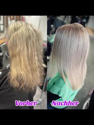 A post by @bibii0494 on TikTok caption: Vorher/Nachher von einem warmen Blondton zu einem sandigen/beigen Blondton erarbeitet mit der Airtouchtechnik☺️ #friseur #schleswigholstein #airtouchoriginal #glyntplatinumblond #vorhernachher 