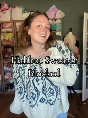 A post by @crochetedbean on TikTok caption: Im taking the elastic out dont worry 😂 #knit #knittok #knitting #knitcolorwork #knitsweater #knittops #halibutsweater #blocked 