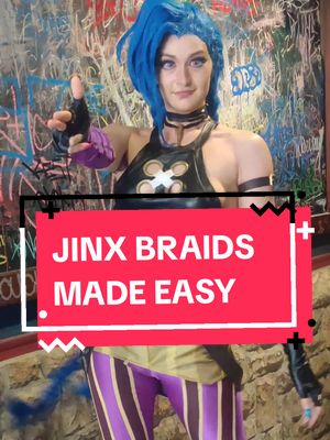 A post by @sugarvail on TikTok caption: Jinx Braid tutorial!! Thank you @NotLINWOOD 🥸  for bestowing this knowledge upon me 😭💖💕 Your video made this so easy!! #jinx #arcanecosplay #jinxcosplay #cosplay #cosplayer #arcane #jinxarcane 