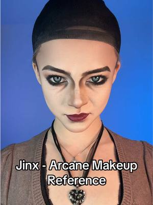 A post by @spilllthetea on TikTok caption: Jinx - Arcane Makeup  Refrence (bald edition)💥 It only took a few hours… 😭 Caitlyn next?! 👀 #jinx #arcane #jinxarcane #jinxcosplay #makeup 