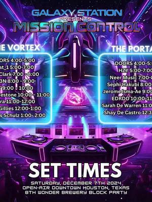 A post by @galaxystationevent on TikTok caption: SET TIMES THIS SATURDAY  Who are you most excited for? Comment below and your favorite track by them 🤩 📍8th Wonder Brewery  2202 Dallas Street, 2201 Dallas Street Houston, TX 77003 📆 Saturday, December 7th 4:00PM to 2:00AM  🚪Entrance/Exit point is outside of 8th Wonder Brewery at the gate. Doors open at 4:00PM.  🧤Dress for cold weather and chance of rain.  Items you might bring: hoodies, sweaters, gloves/mittens, beanies, hand warmers, scarves, earmuffs, blankets, parkas, raincoats & jackets  See you soon!  #letitrain #trancefamily #trance #houston @Ilan bluestone @NIFRA @Billy Gillies @tr3n_ofc @Sarah de Warren @TheMadHatter713 @Markus Schulz @EDRDO @Sephi Hakubi @Shay De Castro | Techno @hzy_musick 