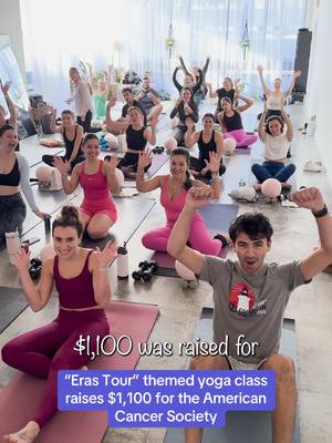 A post by @newbedfordguide on TikTok caption: $1,100 was raised for the American Cancer Society through a special Taylor Swift Eras Tour Themed Yoga Class at LA Cycle & Yoga in Dartmouth, MA…. Do we call this “Yoga (Taylor’s Version)” ? Love seeing the community come together for such a great cause! #fyp #erastour #americancancersociety #southcoast #yoga 