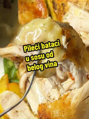 A post by @__kacolina on TikTok caption: ✨Pileći bataci u belom vinu✨ Sastojci:  - Bataci i karabataci 4kom (+ulje, limunov sok, peršun, so, vegetica) - Crni luk 1 glavica - Beli luk po ukusu - Ulje za prženje  - Puter 1-2 kašike - Frikom začinjena mešavina Skandinavija / Korzika - 1-2 kašike brašna - Pola čaše vina - Sokići od mesice - Pola čaše pavlake za kuvanje - Parmezan koliko vam duša ište Piletinu sam začinila i pouljila a zatim pokrila folijom i pekla u rerni na 200 oko sat vremena dok nije postala mekana. Nakom toga sam skinula foliju, odvojila sokiće koje je pustilo meso, dodala Frikomovu mešavinu i ubacila u rernu još 20 minuta da se sve lepo zapeče. Sos sam napravila tako što sam propržila lukove na ulju, zatim dodala puter kao i 2 kašike brašna. Kada je brašno dobilo zlatnu boju dodala sam pola čaše belog vina i krčkala dok alkohol nije ispario. Nakon toga sam dodala sokiće od mesa kao i pavlaku za kuvanje, parmezan i začine. Na kraju sam sos prelila preko mesice, a malo i srkala na kašiku i uživala kao prava gospoja. Kao i uvek, prijatno! 😊 #frikom #frikomsrbija #frikommeda @Frikom Meda #kacolina #Recipe #EasyRecipe #recept #predlogzarucak #balkan #balkantiktok #balkanfood #DinnerIdeas #balkanviral 