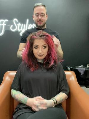 A post by @tattoosbyandrea on TikTok caption: When i can finally get into @Duff 😄 chair after what seems like forever!! Results at end! #hair #tattoosbyandrea #shaghaircut @Duff 