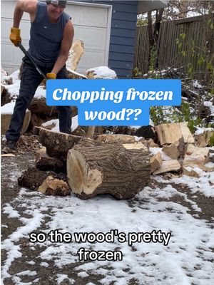 A post by @ronnyellis2929 on TikTok caption: Cutting frozen twisted wood is a killer workout!  #woodchopping #ax #splittingwood #firewood #fitness #fit #hardwork #cardio #strength #nogymnoproblem #Outdoors #nature #axe #power #campfire 