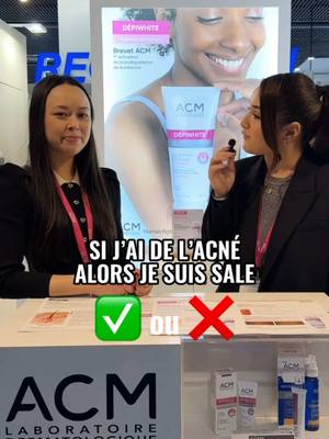 A post by @myssyjym on TikTok caption: publicité | Si j’ai de l’acné alors je suis sale ? Vrai ou faux ✅❌ découvre la réponse à ce mythe avec Kathie, responsable communication médicale du @Labo acm #soindelapeau #acné #routineskincare #jdp2024 #laboacm #azeane #dermato #boutons #ACMJDP2024