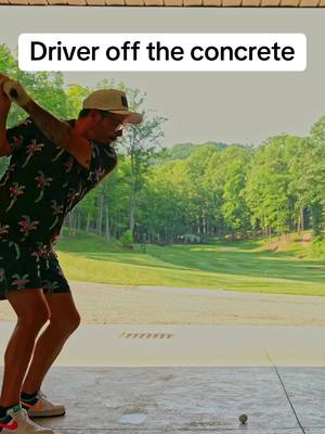 A post by @birdogey on TikTok caption: Driver off the concrete. Driver off the deck in the fairway is too easy. Probably the easiest shot in golf. Time to make it more interesting. Will i destroy the club, or will i hit the fairway? #golf #golftips #golflessons #golfing 