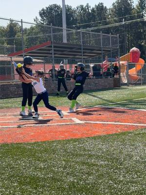 A post by @morgan_toups on TikTok caption: When your kid was almost out at home so she turned around right before  she hit the base and went back to 3rd, but then changed her mind decided to go back home and scored 😂 #rundown 