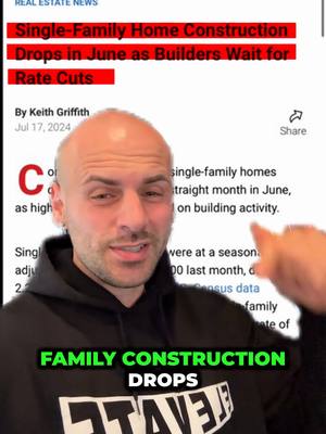 A post by @austinrutherfordo on TikTok caption: Single-family construction new starts continue to drop month over month Builders are holding out for rate cuts, which means fewer homes hitting the market and tighter supply.  With the high costs of new construction, affordable homes are becoming a rare commodity. Most new builds start at $400K+. That’s why I like entry-level homes for first-time buyers. As supply shrinks, both home prices and rent are going to rise. Drop your thoughts in the comments! 👇 #realestateinvesting 