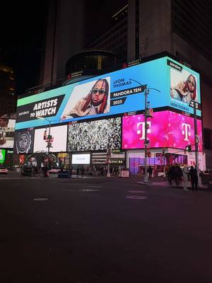 A post by @leonthomas on TikTok caption: Time square is showing love! Thank you again @pandora for including me in Artists To Watch 2025: Pandora Ten! 