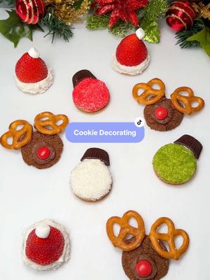 A post by @chefgenevieve on TikTok caption: #ad These festive holiday cookies are a showstopper—and they’re gluten-free, vegan, and free of artificial dyes! Thanks to @Sprouts Farmers Market, I was able to gather all the ingredients for these adorable creations. Perfect for a fun family activity or a sweet addition to your holiday table, these cookies can be prepped in advance and refrigerated until you’re ready to enjoy. Products and step-by-step instructions below ⬇️ Reindeer cookies: Simple Mills double chocolate vegan gf cookies Miss Jones vegan gf chocolate frosting Glutino vegan gf mini pretzel twists Yum Earth vegan gf organic giggles Directions: Add vegan chocolate frosting in the center and the top corners of the cookie. Add gluten free pretzel twists for the antlers and a candy button nose.  Santa Hats: Goody Girld vegan gf birthday cake sandwich cookies  Miss Jones vegan gf vanilla frosting Strawberry, tops removed  Dandies vegan gf marshmallows Directions: Cover the sides and top of the cookie with vanilla white frosting, top with a strawberry and half a vegan mini marshmallow.  Christmas Tree Ornaments: Goody Girld vegan gf birthday cake sandwich cookies  Watkins no artificial dyes decorating sugar, green and red Supernatural no artificial dyes decorating sugar, white Free 2B vegan gf dark chocolate sunflower butter mini sun cups Directions: Spread vanilla frosting on cookie, add holiday colored sprinkles and secure on half a mini sunflower butter cup with more frosting.  #ChristmasCookieDecorating #VeganCookieDecorating #VeganRecipes #GlutenFreeRecipes #ChristmasCookies #FoodRestrictionsFriendly #LoveSprouts