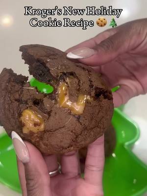 A post by @cookingwithjassrenee on TikTok caption: Kroger’s New Holiday Cookie Recipe 🍪 #KrogerPartner #Kroger @Kroger  Ingredients: 1 stick room temp, unsalted butter (1 stick = 1/2 cup = 8 tablespoons) ¼ cup granulated sugar 4¾ cups fudge brownie mix (26 oz (approx. 2 boxes)) ¼ or ½ tsp cardamom, or to taste 1 cup all-purpose flour ¼ tsp salt 2 ½ tsp baking soda 2 tablespoons instant coffee, or to taste ¼ Cup nonfat dry milk powder 2 large eggs 2 ½ cups caramel chunks (20 oz) Flaky sea salt, to taste Step 1 Mix room-temp, unsalted butter and sugar on high 1-2 min until fully creamed. Step 2 Add eggs first and mix on low for 1 minute Combine dry ingredients (fudge brownie mix, cardamom, all purpose flour, salt, baking soda, instant coffee, and nonfat dry milk) into the same bowl  Mix all on low 2-3 min, or until well-incorporated. If the dough appears dry, you can add 1-2 tsp of water. Step 3 Add caramel chunks and chill dough (overnight is preferred, or 2-3 hours in a pinch) Step 4 Preheat oven to 375 degrees Fahrenheit Create 2-inch balls of dough (approx. 3oz) on the cookie sheet, keep 2-3 inch between each scoop so they don't blend when expanded. Bake for 12-14 minutes, depending on how gooey you want the cookies. Step 5 Allow cookies to set on the pan until cool to touch. Add sea salt on top after baking, to taste.