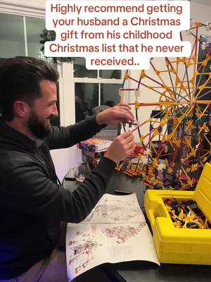 A post by @mrs.chamberlain_13 on TikTok caption: Do it, you wont regret it! When we first started dating he told me a story of how he asked for a #knex set for Christmas but his brother got instead.. i could tell this was a core memory, so i bought him the biggest set i could find and loved watching him put it together. #christmas #christmasspirit #husband #gift 