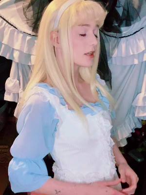 A post by @discount.yam on TikTok caption: Alice! (pls everything wrong with the backdrop ik its shitty rn ok its a prototype) #discountalice #aliceinwonderland #alicecosplay #cosplayer #aliceinwonderlandcosplay #cosplay 