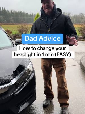 A post by @dadadvicefrombo on TikTok caption: If you ever feel like your lights are dim, pull up to a garage or storefront and flash them to see if one side is brighter. Will save you from getting pulls over 😁 How to change a car headlight. Love, Dad