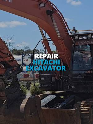 A post by @cutting_edge_engineering on TikTok caption: This Hitachi excavator has seen better days! #Hydraulicpress #excavator #hitachi #cuttingedgeengineering #machining #gouging #welding #heavymachinery #operator_excavator #machinist