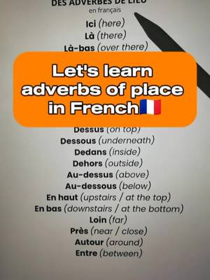 A post by @ouiteach on TikTok caption: Let's learn adverbs of place in French🇨🇵|Improve your French with us 😀#learnfrench #frenchgrammar #speakfrench #studyfrench #learnfrench #frenchclass 