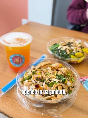 A post by @newbedfordguide on TikTok caption: @Pokémoto official is now open in Dartmouth, MA! 🎉  The Poké bowls and Boba Tea were delicious! 🍣🧋